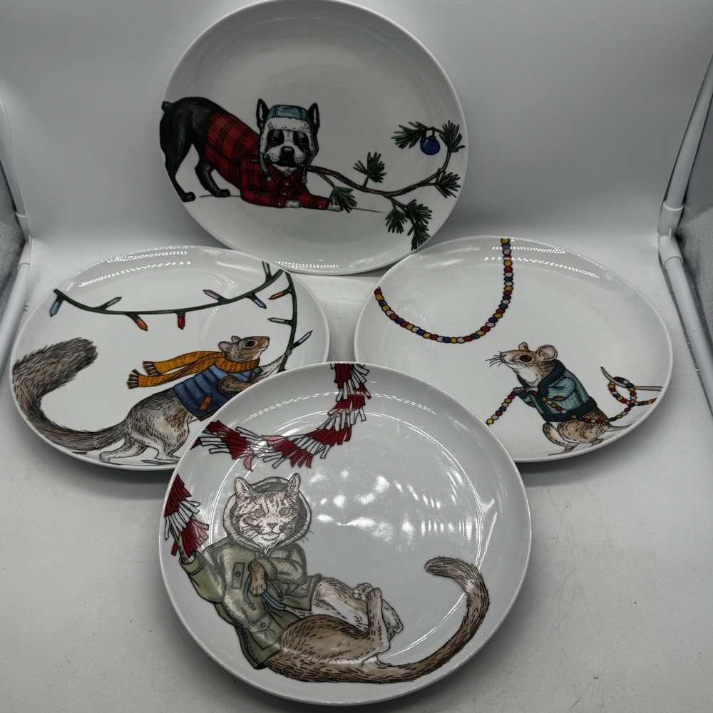 West Elm Rachel Kozlowski Salad Plates Set of 4 Christmas Animals Porcelain